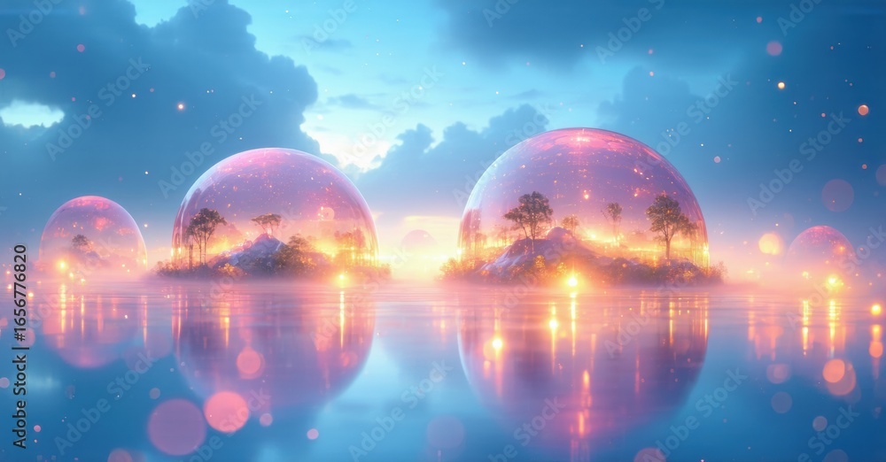 Fototapeta premium Fantastic landscape features glowing domes reflecting upon calm water. Sky displays vibrant colors, creating dreamy atmosphere.