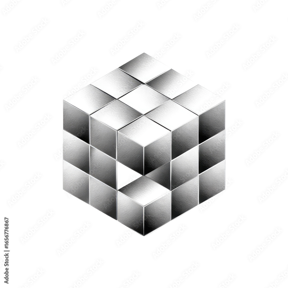 Fototapeta premium A 3D cube composed of smaller, interlocking cubes, creating a shadowed, illusionistic effect