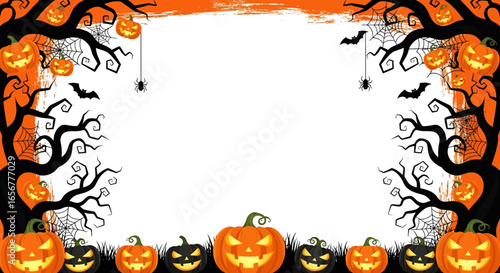 Halloween background with glowing jack-o’-lantern pumpkins, haunted trees, cobwebs, spiders, and flying bats on a spooky purple backdrop. Perfect design for party invites and posters