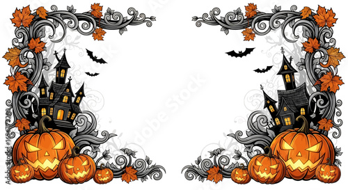 Halloween frame illustration with spooky black tree branches, owl, spider webs, crescent moon, and scary pumpkin. Perfect eerie border for invitations, party flyers, and decorations