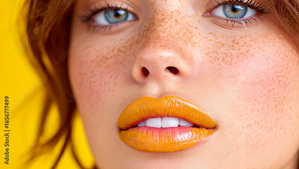 Naklejka premium Vibrant makeup on model. Model with bright yellow lips and striking blue eyes poses against a bold yellow backdrop, highlighting her features.