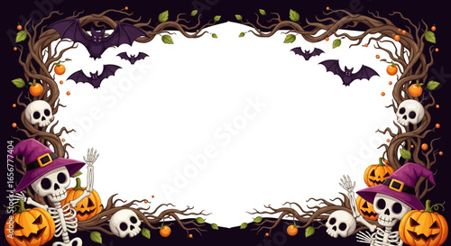 Halloween frame background with spooky skeletons, pumpkins, bats, skulls, and twisted tree branches. Perfect eerie border design for invitations, party flyers, and seasonal decoration