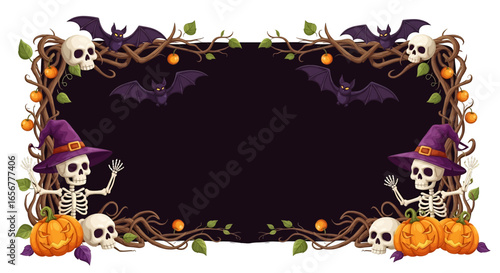 Halloween frame background with spooky skeletons, pumpkins, bats, skulls, and twisted tree branches. Perfect eerie border design for invitations, party flyers, and seasonal decoration