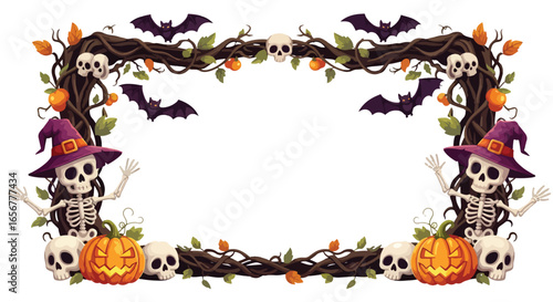 Halloween frame background with spooky skeletons, pumpkins, bats, skulls, and twisted tree branches. Perfect eerie border design for invitations, party flyers, and seasonal decoration