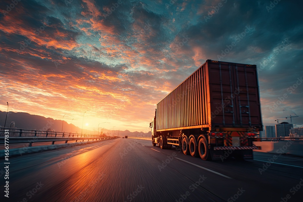Obraz premium A large semi-truck carrying a container on a highway at sunset