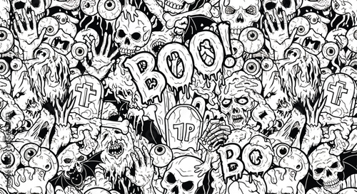 Creepy seamless Halloween pattern with skulls, zombies, tombstones, eyeballs, skeleton hands, and dripping “BOO” text. Perfect spooky design for horror decorations and Halloween backgrounds