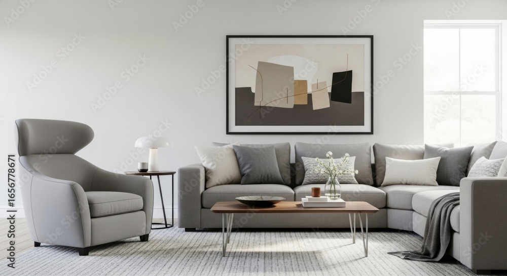 Fototapeta premium Modern living room interior with abstract art and comfortable seating arrangement