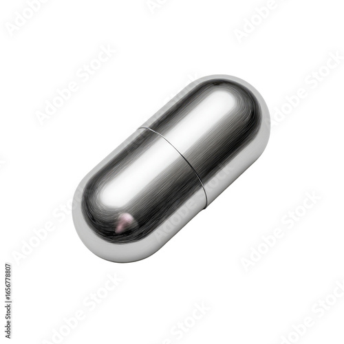 A glossy, metallic silver pill capsule