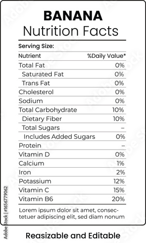 Banana Nutrition Facts Label with Vitamins and Editable Text on White Background
