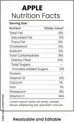 Apple Nutrition Facts Label with Serving Size and Daily Values on White