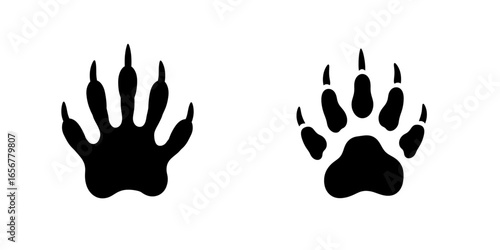 Black Raccoon Forepaw Print Icon – Solid Vector with Five Fingers and Palm Pad on White Background, Detailed Minimalist Design