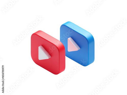 Two 3D isometric square video play icons, red and blue, side by side