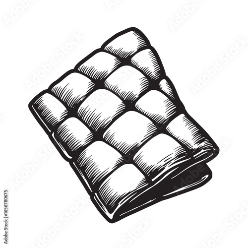 Hand drawn ink illustration of a folded quilt or padded cushion in black and white