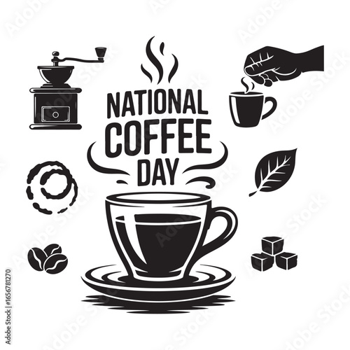 Celebrate national coffee day with a steaming cup of coffee and vintage brewing elements