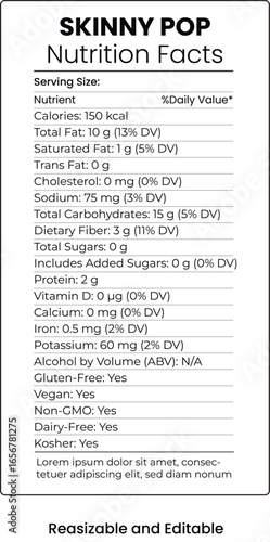 Skinny Pop Nutrition Facts Label with Calories, Fats, Proteins, and Daily Values