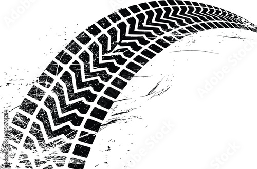 Bold black and white tire track illustration with grunge texture, abstract automotive design