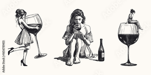 women interacting with wine set isolated black white sketch illustration woman gracefully embracing giant glass bottle sits on the rim of enormous wineglass hand drawn line art drinking card design