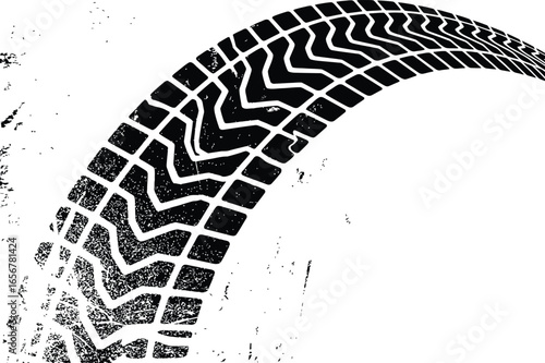 Striking Tire Track Illustration Silhouette on White, Black and White Graphic Art