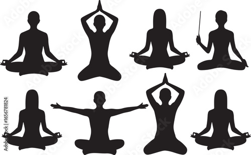 Yoga Poses Silhouettes Collection Meditating Asanas Fitness Exercise Art