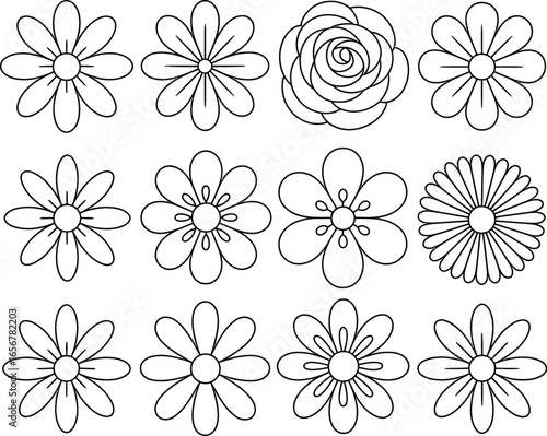 A minimalist collection of twelve simple flower icons in a black and white line art style, perfect for coloring pages, logos, and decorative elements
