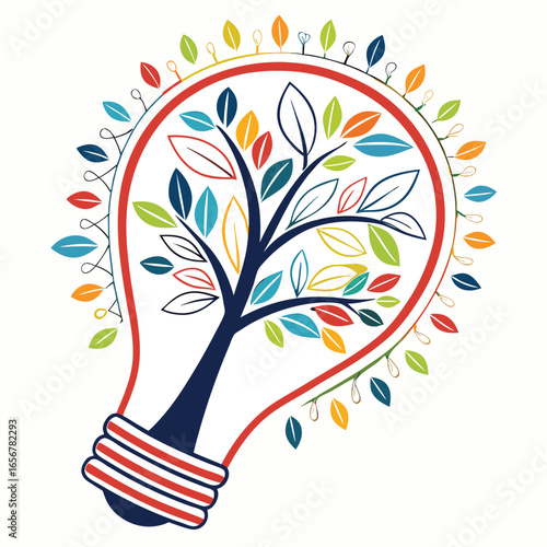 This creative illustration combines a light bulb with a colorful tree growing inside it. The tree's branches and multicolored leaves symbolize growth, creativity, and new ideas, while the light bulb r