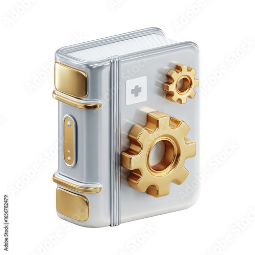 Gray book icon with gold gears and medical symbol.  3D rendered, stylized