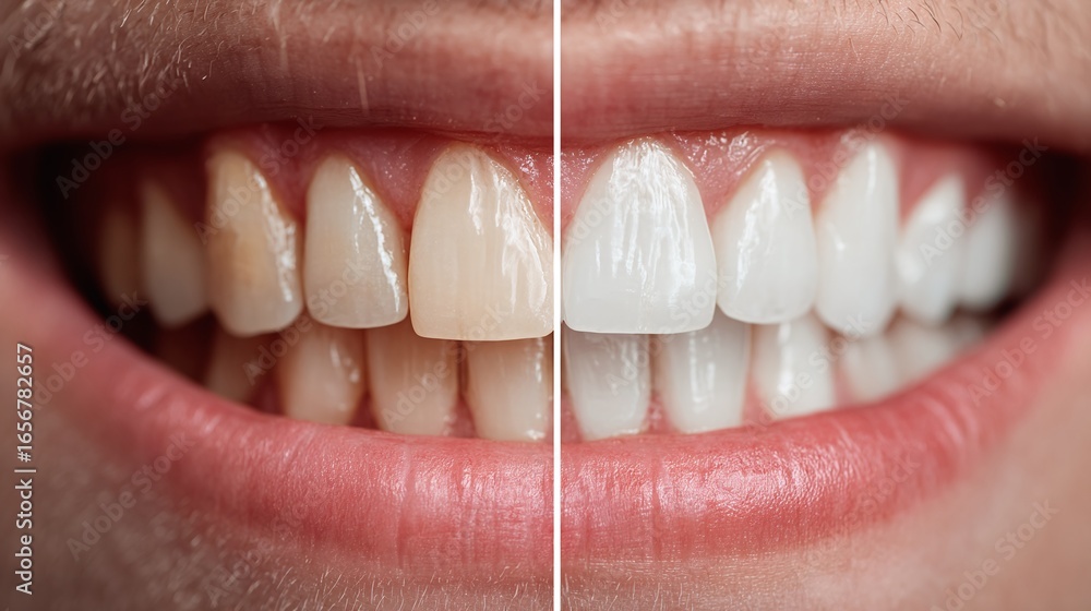 Obraz premium Dental Transformation: Before and After. A clear demonstration of teeth whitening, showcasing the dramatic difference in shade and brightness, enhancing the smile's allure.