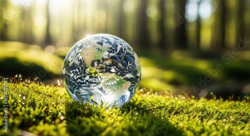 Glass Sphere Reflecting Planet Earth Rests on Lush Green Moss in Sunlight
