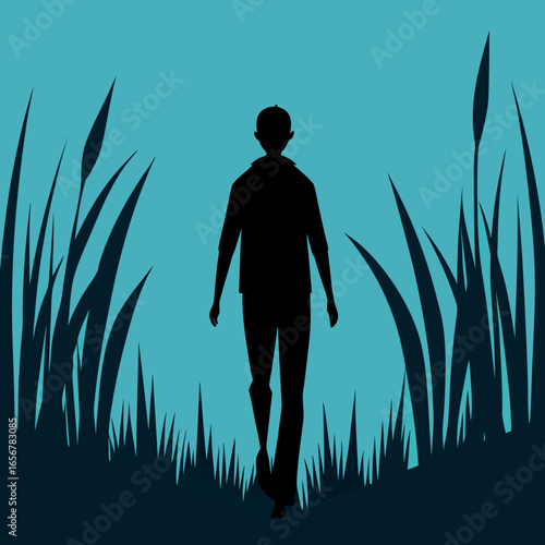 Silhouette of a man walking through tall grass vector