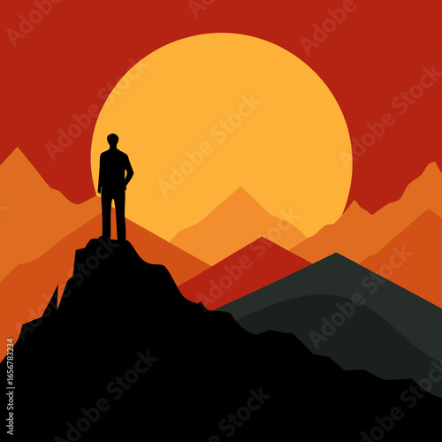 Silhouette of person on mountain peak at sunset standing