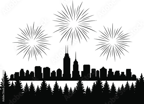 Cityscape Celebration Fireworks Over the Skyline in Black and White vector illustration