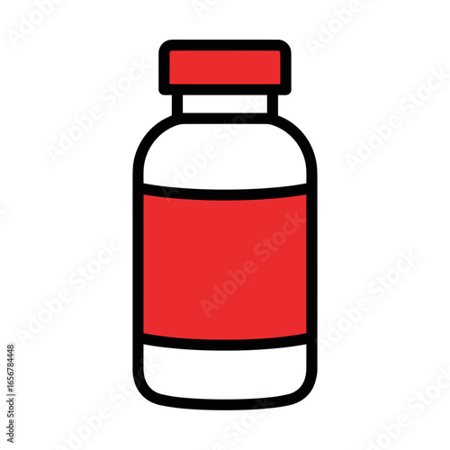 Bottle with red label in simple outline style  minimal outline icons on the theme of medications and pharmacy icon