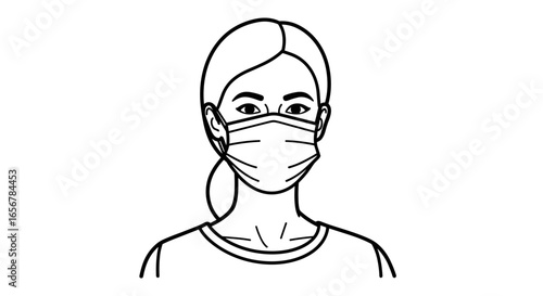 Woman wearing face mask while posing in simple line art style  minimal outline icons on the theme of medications and pharmacy icon