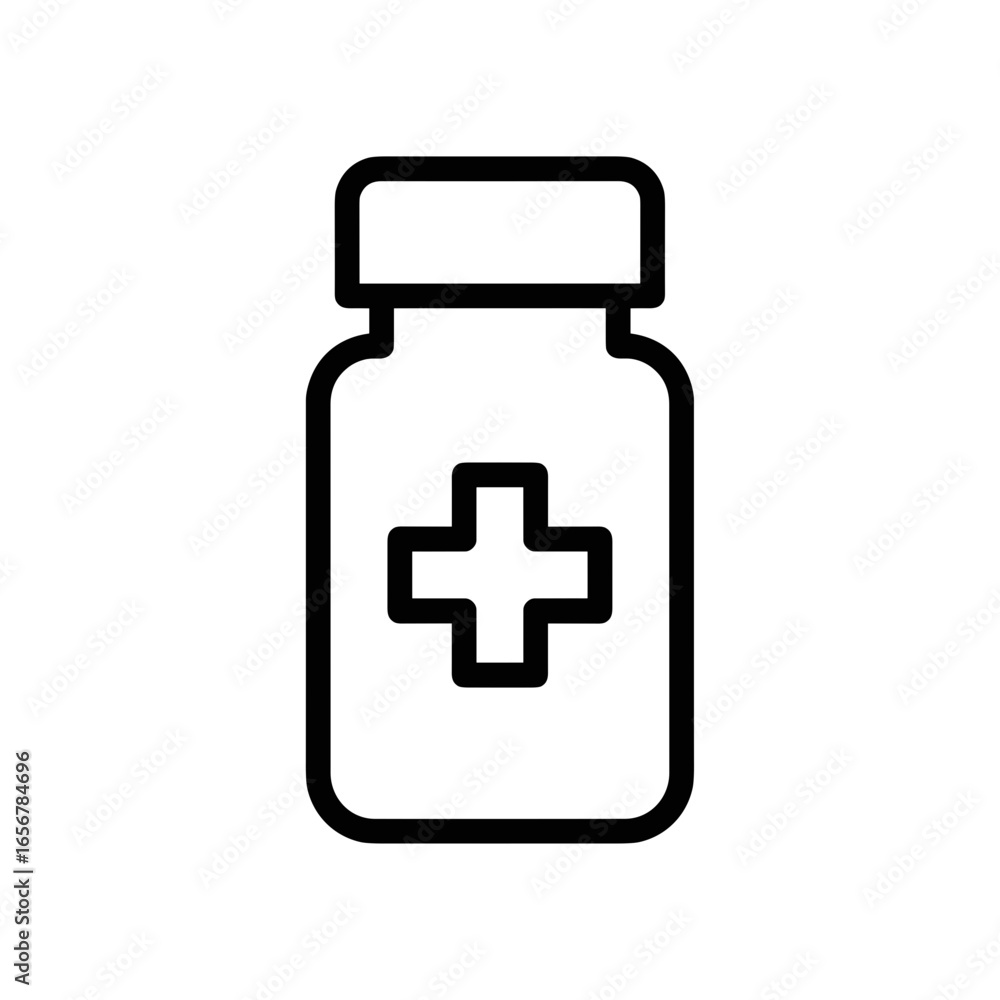 Medicine bottle with cross symbol in minimalist line art style  minimal outline icons on the theme of medications and pharmacy icon