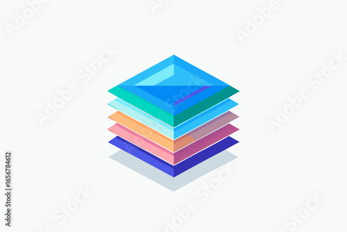 layered glass logo floating over digital rainbow