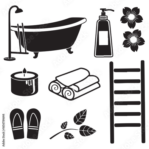 Collection of bathroom spa and relaxation elements including a clawfoot bathtub shower towels flip flops candle soap dispenser and decorative branch silhouette