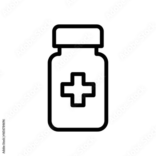 Medicine bottle with cross symbol in minimalist line art style  minimal outline icons on the theme of medications and pharmacy icon