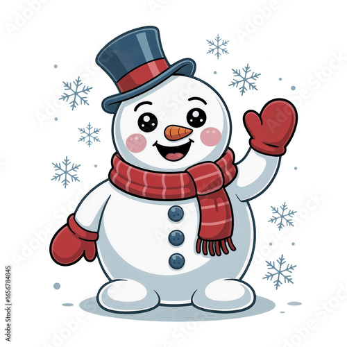 Cheerful snowman waving in a winter wonderland with snowflakes falling around