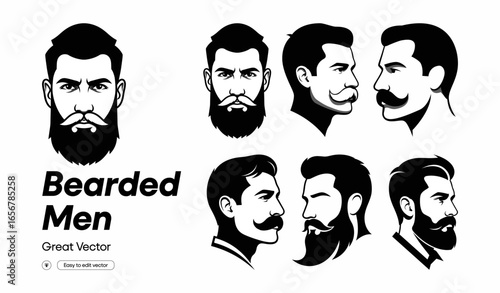 Diverse bearded men faces in outline style