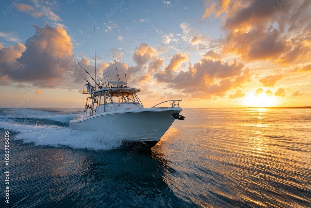 Naklejka premium Fishing boat cruising through calm waters at sunset with dramatic clouds and vibrant colors