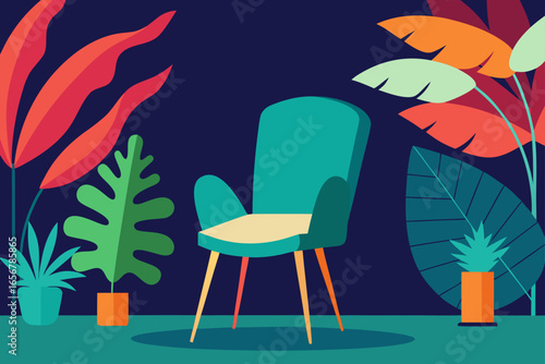  leaf chair in front of a mural of oversized tropic