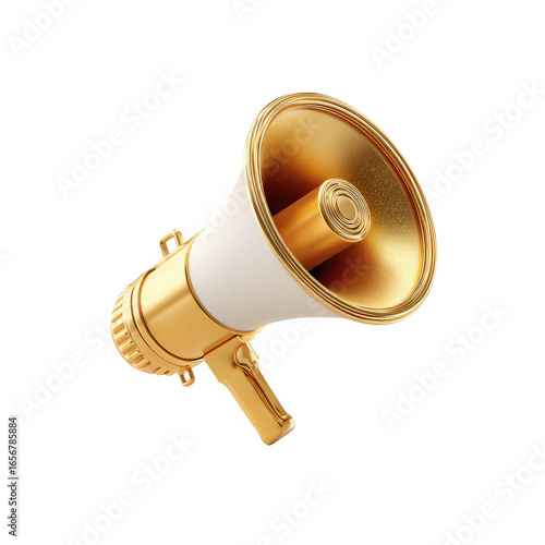 Golden megaphone, 3D rendering, isolated