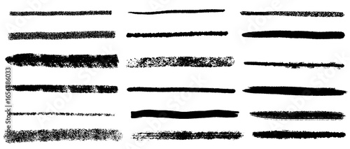 Crayon straight horizontal lines set. Scratchy strokes with rough edges. Hand drawn charcoal pencil lines, squiggles, smears, strikethroughs. Doodle style underline elements. Vector illustration
