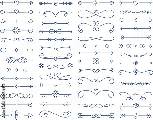 Elegant navy blue decorative line dividers and flourishes for graphic design projects