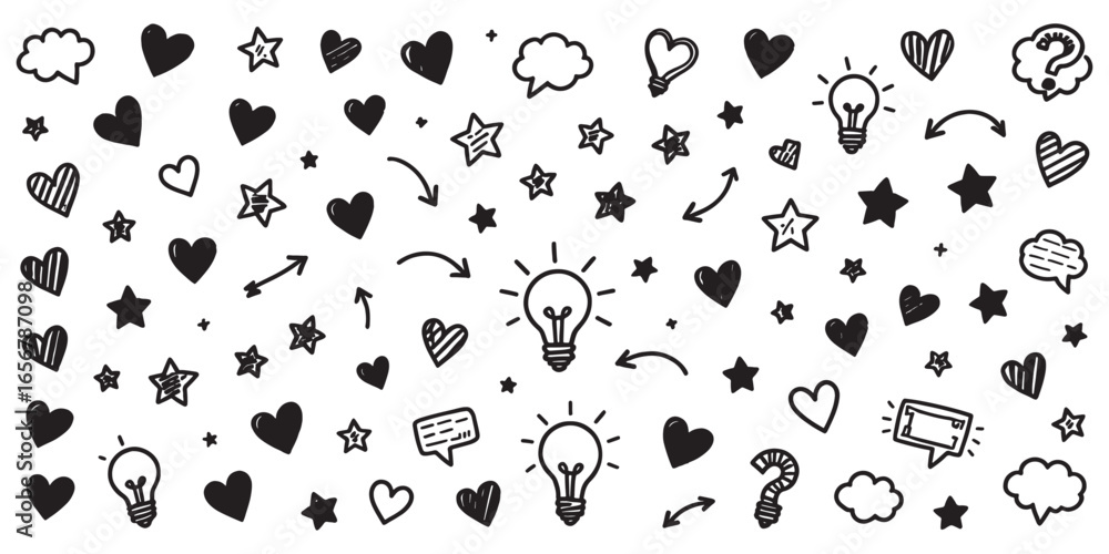 Fototapeta premium Whimsical hand-drawn icons featuring hearts stars lightbulbs and question marks create a playful and inspiring visual theme
