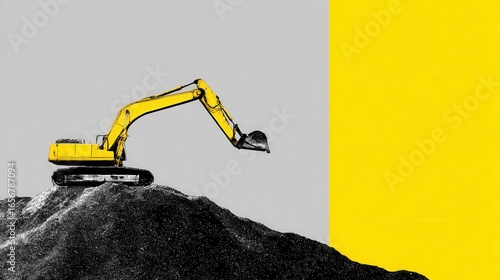 Excavator on black mound with vibrant yellow background