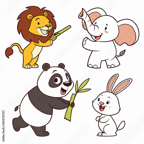 This playful illustration features four adorable cartoon animals: a smiling lion holding a stick, a cheerful elephant waving its trunk, a happy panda eating bamboo, and a cute white rabbit sitting wit