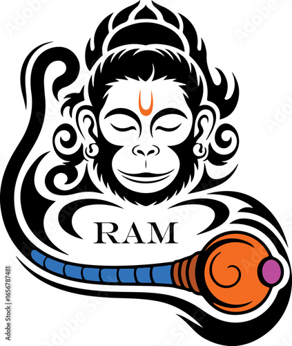 Hanuman god tribal art with mace and tilak vector, transparent background. Religious, Hindu.