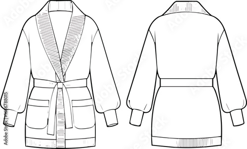 Cardigan fashion flat sketch, front and back view, shawl collar, belt waist, pockets, ribbed hem, vector CAD garment illustration