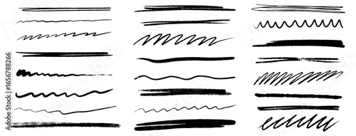 Crayon pencil straight horizontal lines. Charcoal black scribble strokes. Hand drawn grunge smears, squiggles, smears, strikethroughs, chalk strokes, pencil dividers. Vector underline elements.
